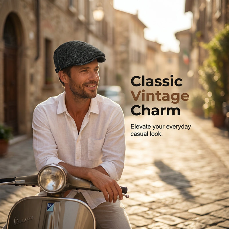 Men's Summer Flat Cap – Breathable Herringbone, Adjustable 55–59cm, UV Protection