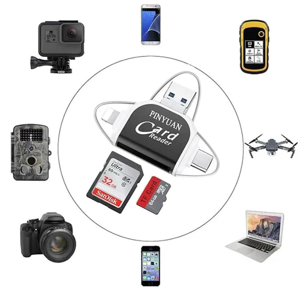 4-in-1 Memory Card Reader – USB, USB-C, Micro-USB & Lightning, SD & MicroSD