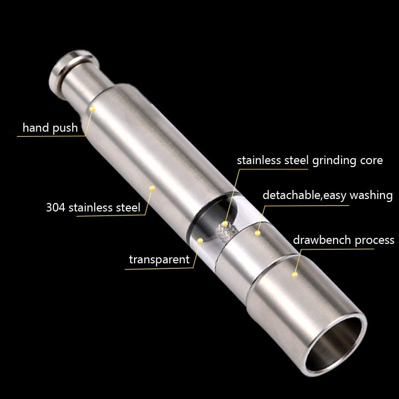 Stainless Steel Pepper Grinder – Manual Push Mechanism, One-Hand Use & Refill Window