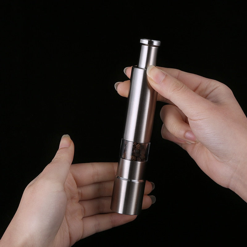 Stainless Steel Pepper Grinder – Manual Push Mechanism, One-Hand Use & Refill Window