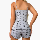 Women's Pajama Set – Sleeveless Top, Printed Shorts & Lace Trim