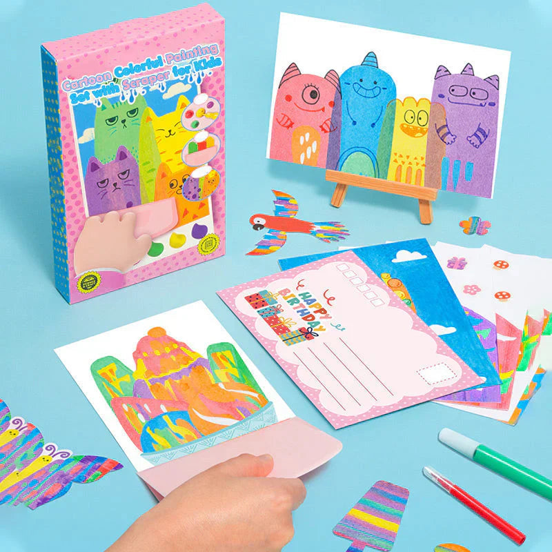 Rainbow Scratch Art Kit – Cartoon Designs, Scraper Tool & Storage Box
