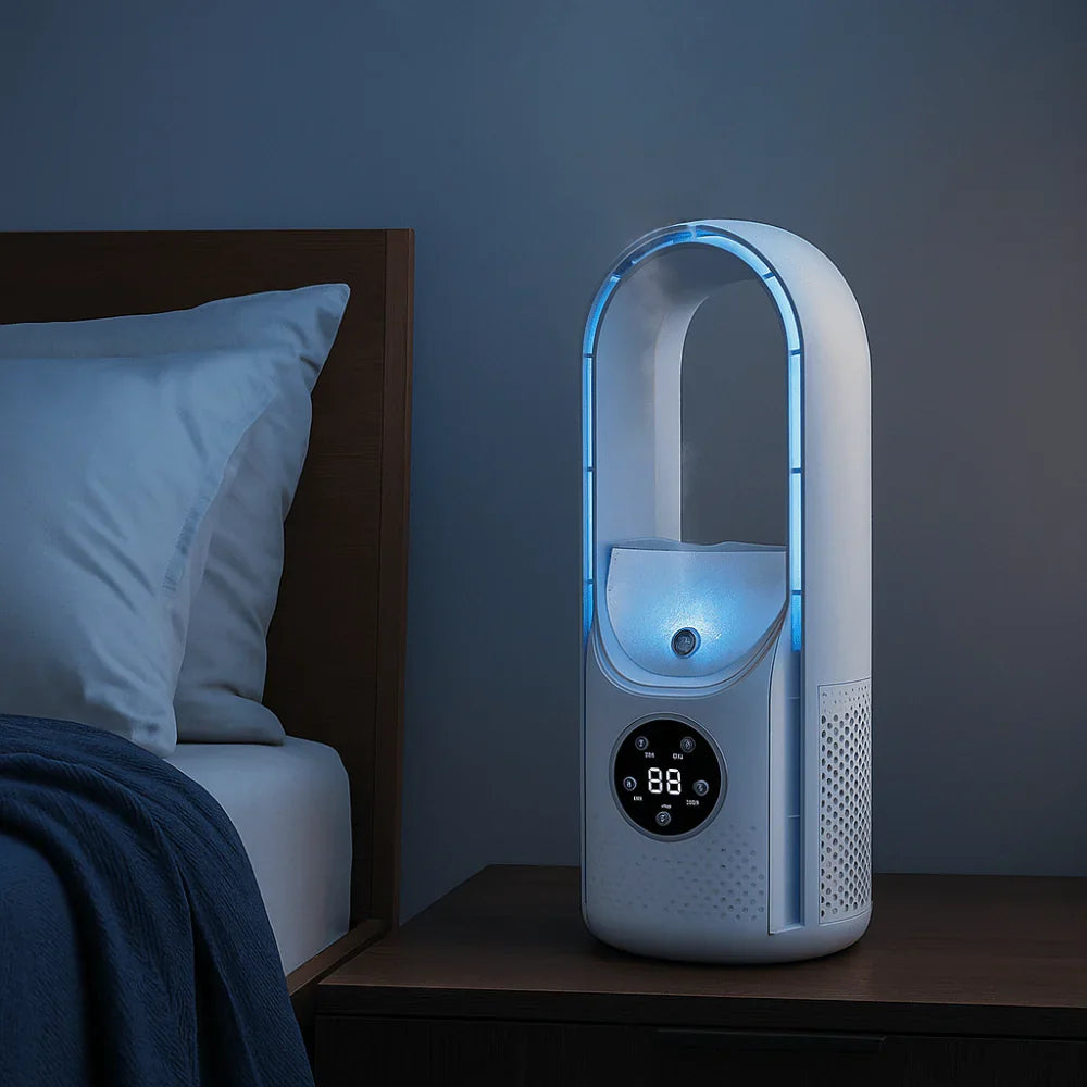Bladeless Tower Fan – Humidifying Mist, Touch Display & 24-Hour Timer