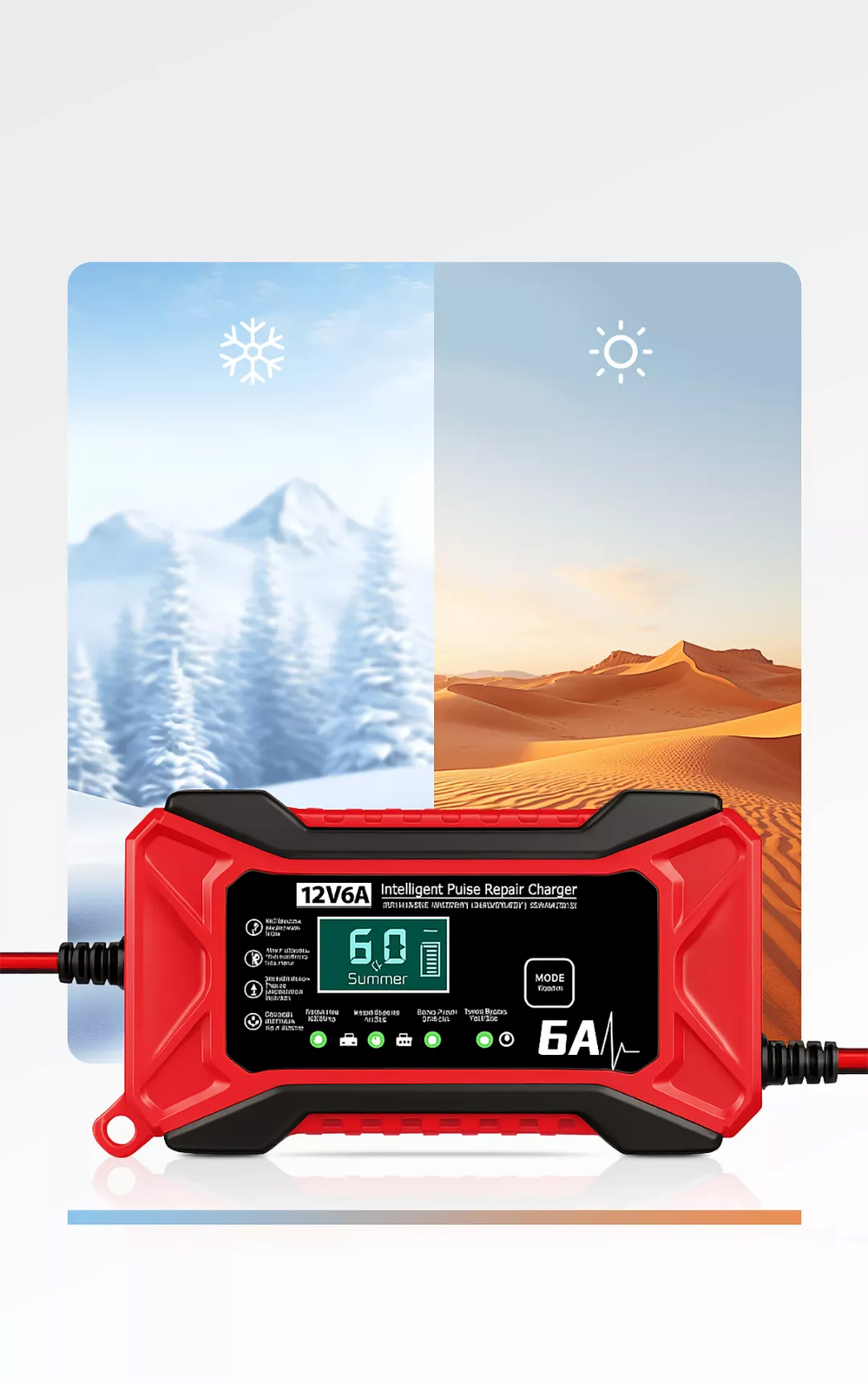 12V Car Battery Charger – 6A, LCD Display, Pulse Repair & 4–100Ah