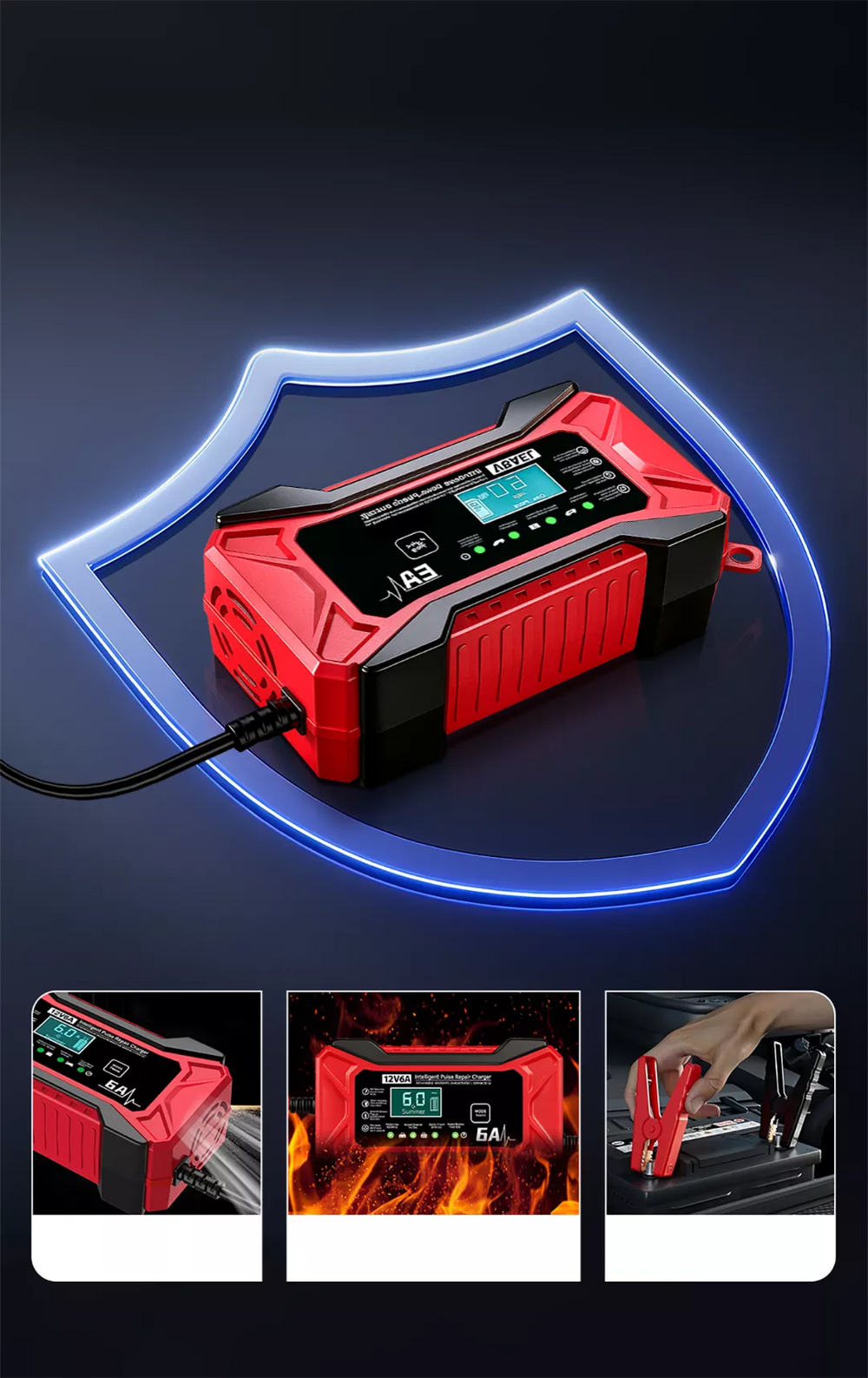 12V Car Battery Charger – 6A, LCD Display, Pulse Repair & 4–100Ah