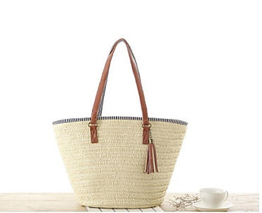 Women's Woven Beach Bag – Leather Handles, Tassel Accents & Spacious Interior
