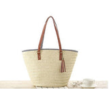 Women's Woven Beach Bag – Leather Handles, Tassel Accents & Spacious Interior
