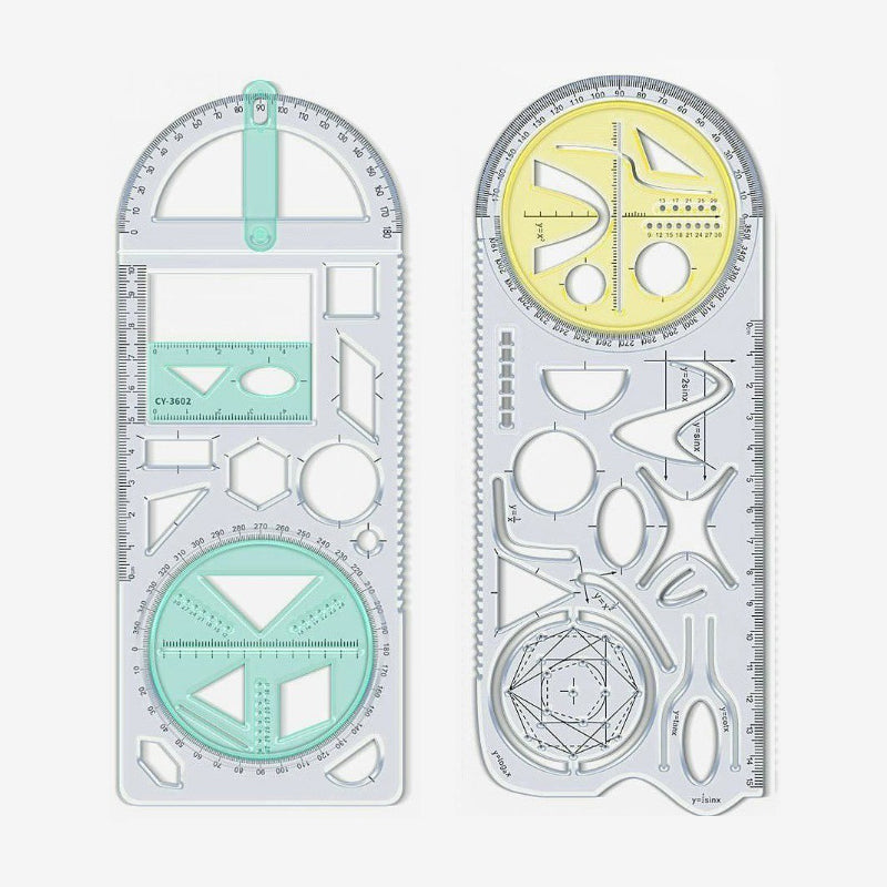 Geometry Ruler with Protractor – Transparent PP, Rotating Angle & Shape Stencils