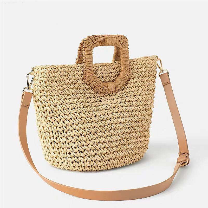 Woven Straw Beach Bag – Wooden Handle, Leather Strap & Spacious