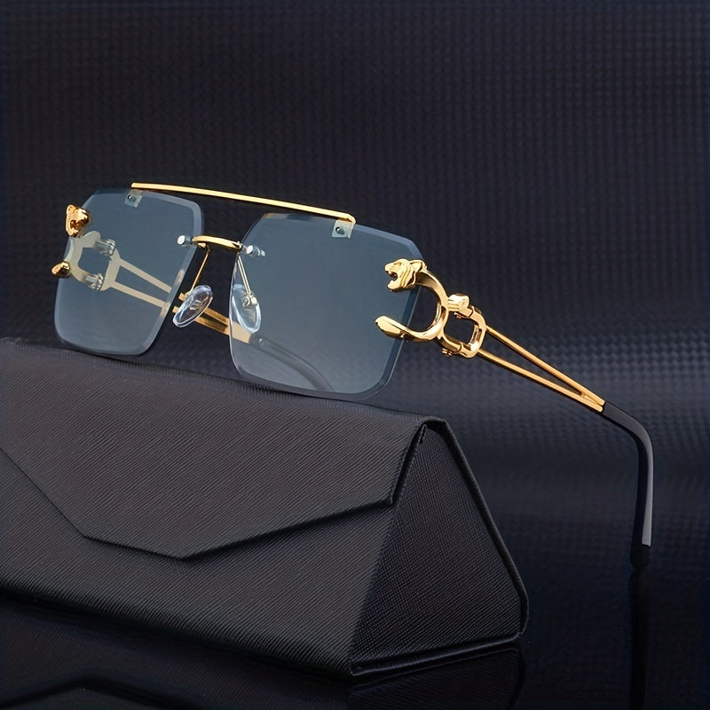 Men's Rimless Sunglasses – UV400 Protection, Tiger Temple Design & Anti-Glare Lenses