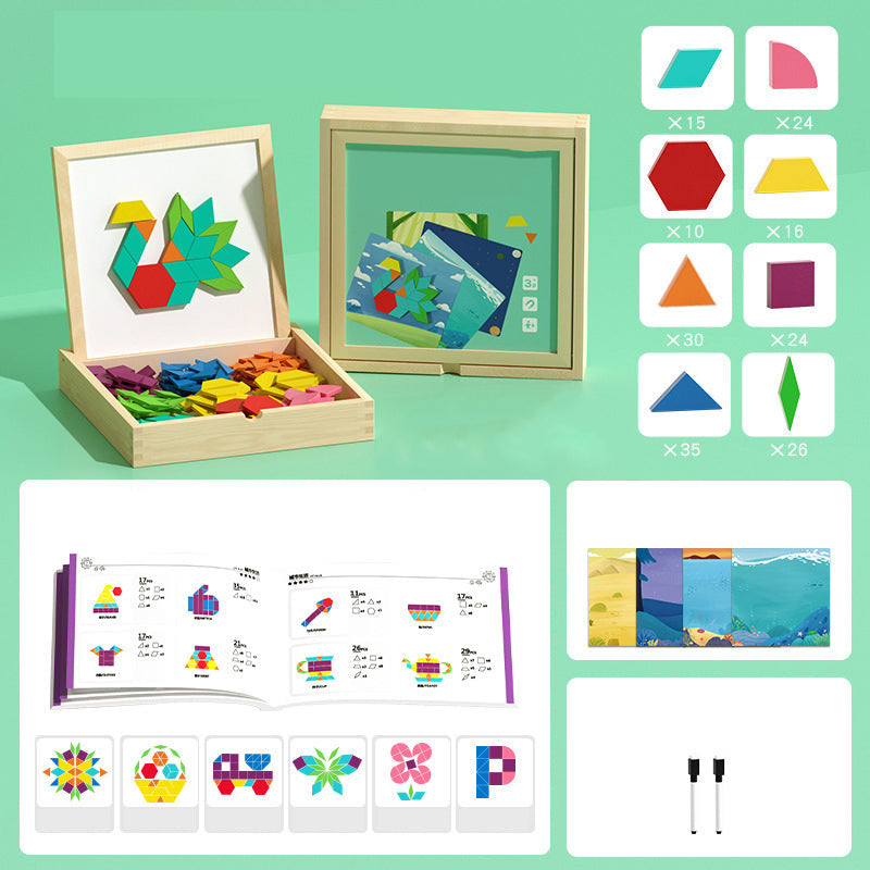 Magnetic Wooden Building Blocks with Pattern Cards - Creative STEM Toy for Kids