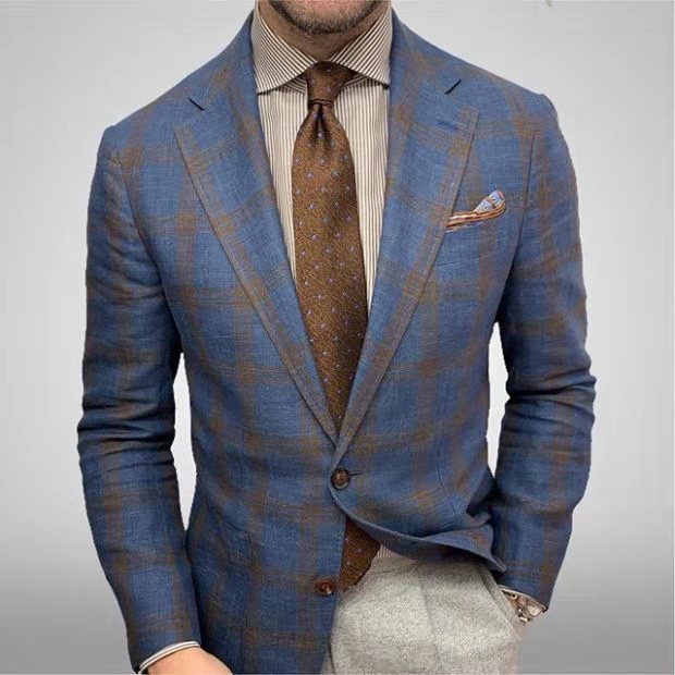 Men's Business Woven Blazer with Notched Lapels and Two-Button Front