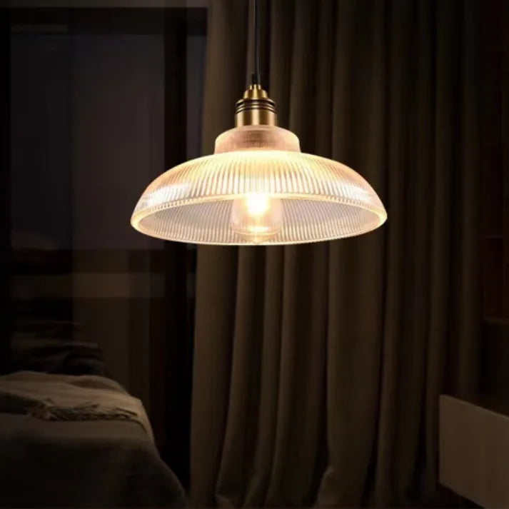 Ribbed Glass Pendant Light – Brass Finish, 30 cm Shade, E27 for Kitchen & Dining