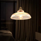 Ribbed Glass Pendant Light – Brass Finish, 30 cm Shade, E27 for Kitchen & Dining