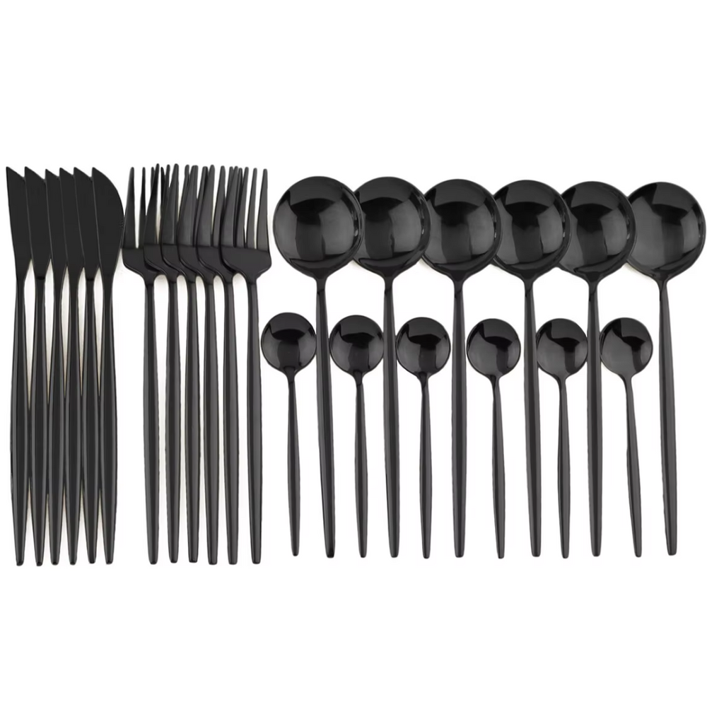 Premium 24-Piece Black Stainless Steel Cutlery Set - Elegant & Durable Kitchen Utensils for Everyday Use