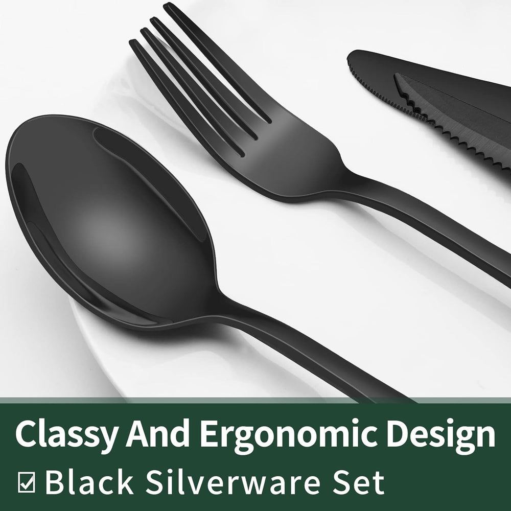 Premium 24-Piece Black Stainless Steel Cutlery Set - Elegant & Durable Kitchen Utensils for Everyday Use
