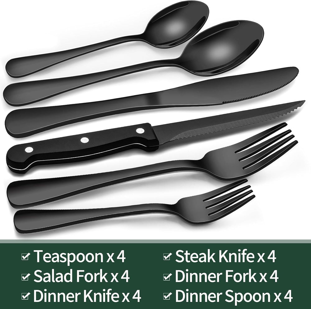 Premium 24-Piece Black Stainless Steel Cutlery Set - Elegant & Durable Kitchen Utensils for Everyday Use