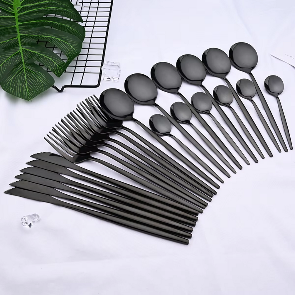 Premium 24-Piece Black Stainless Steel Cutlery Set - Elegant & Durable Kitchen Utensils for Everyday Use