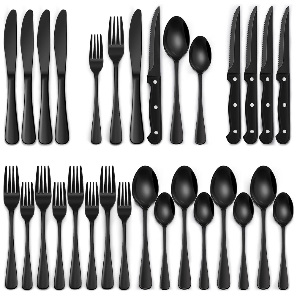 Premium 24-Piece Black Stainless Steel Cutlery Set - Elegant & Durable Kitchen Utensils for Everyday Use