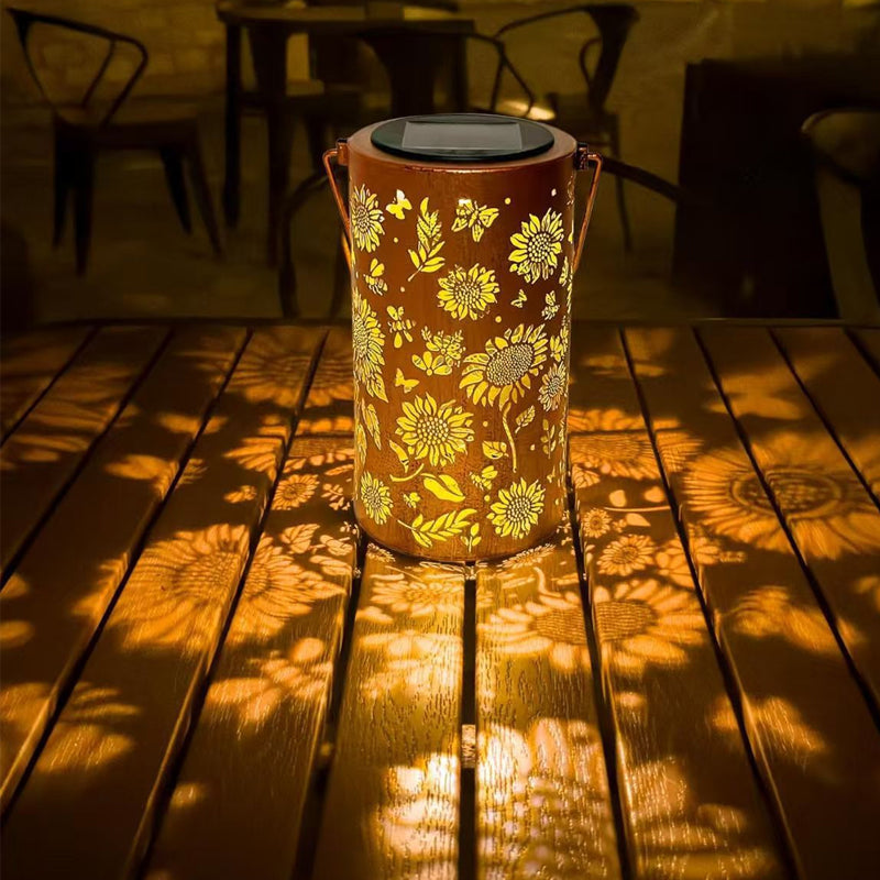 Solar Garden Lantern – Sunflower Pattern, LED Light & Weatherproof Metal