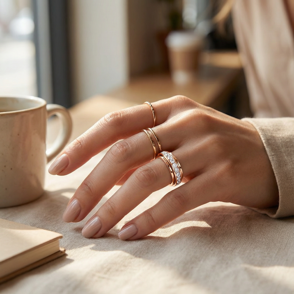 Enhanced Product Title: "Zirkonia-Drehring mit Rotierendem Band - Eleganter Schmuckring mit Funkelnden Zirkonia-Steinen für Damen" 

This title includes relevant keywords while providing more detail about the product, which can help improve visibility and