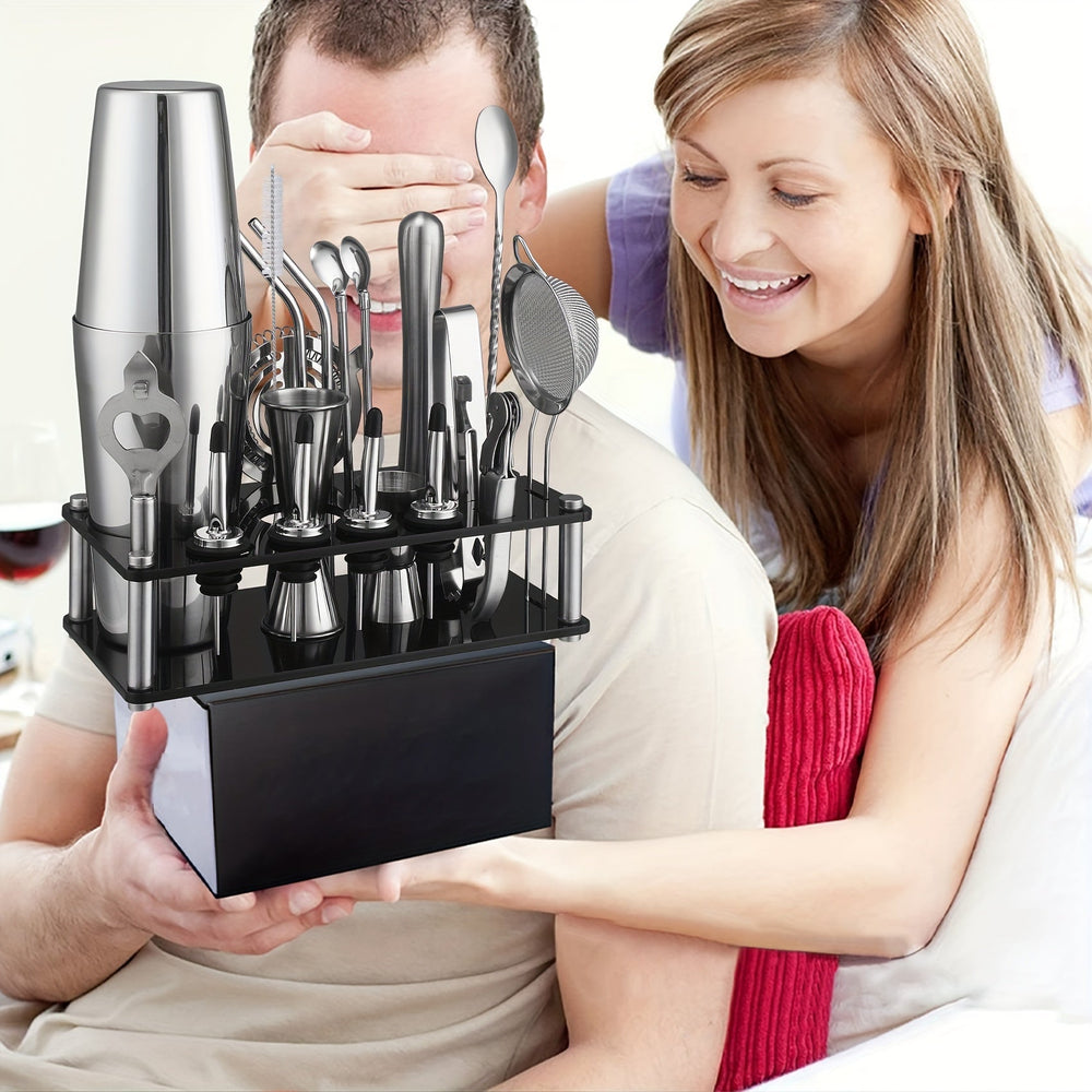 20-Piece Cocktail Bar Set – Stainless Steel Tools, Acrylic Stand & Boston Shaker