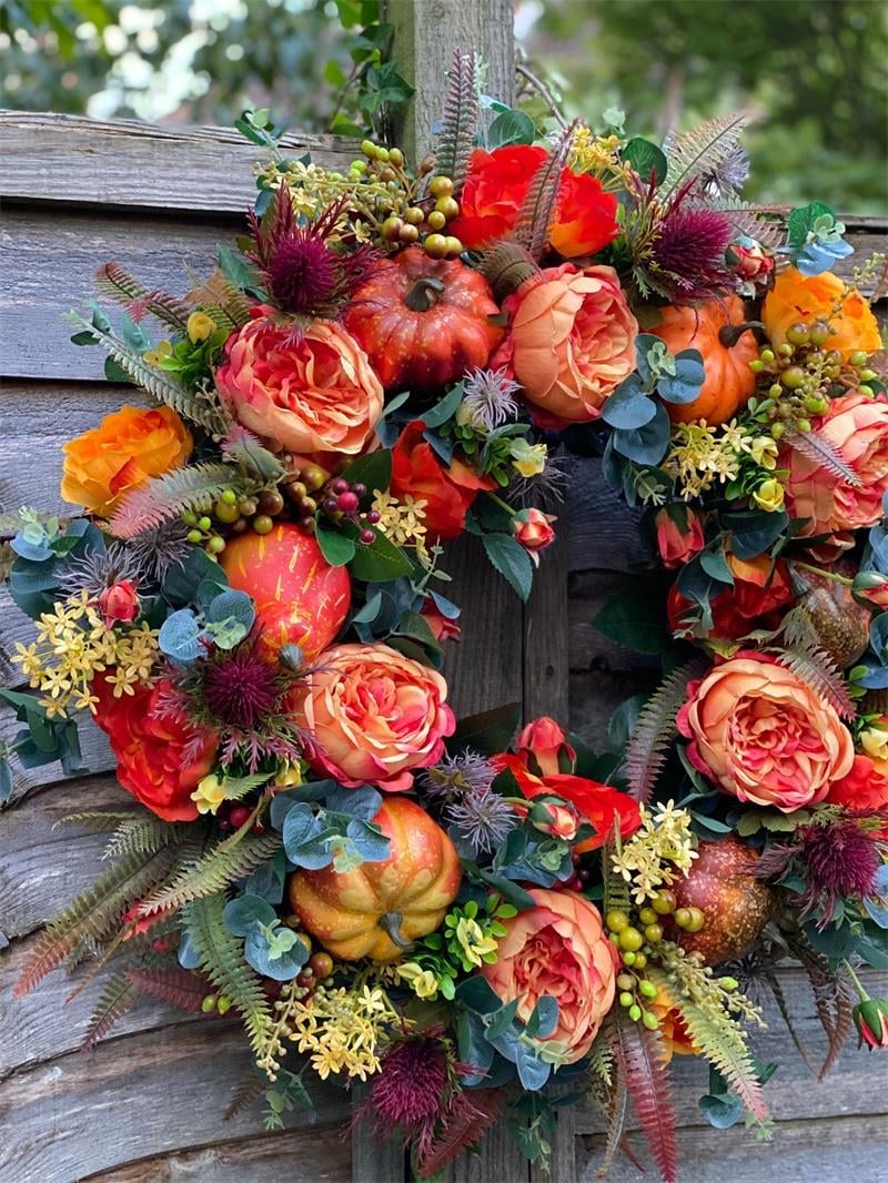 Peony & Pumpkin Door Wreath – Handcrafted, 40/50cm, Indoor & Outdoor