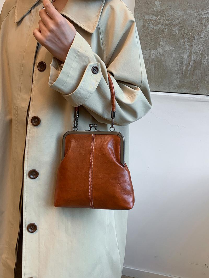Vintage Kiss-Lock Handbag – Women's, Faux Leather & Detachable Crossbody Strap