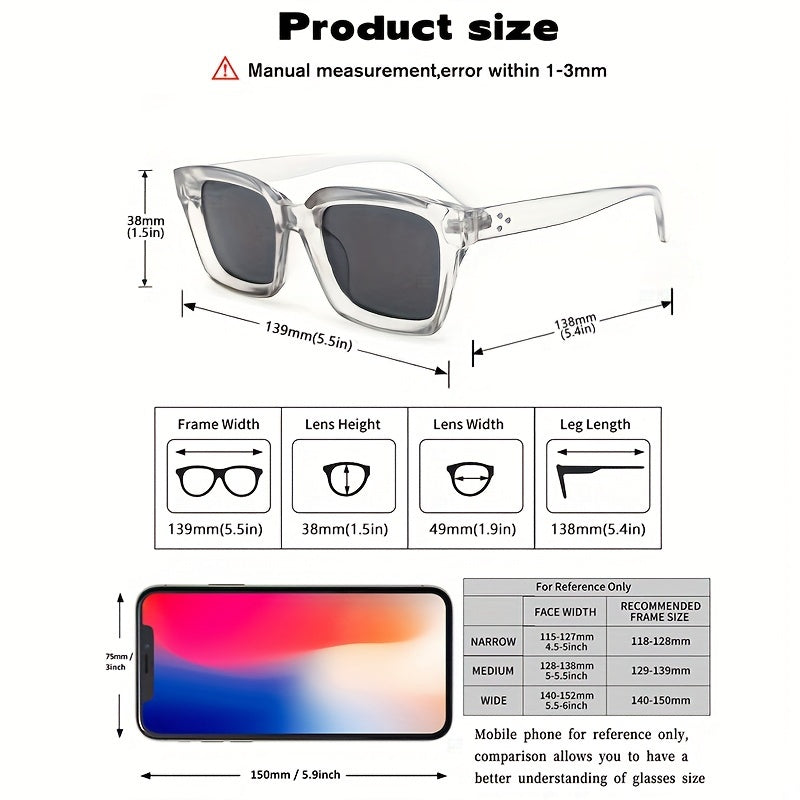 Men's Square Sunglasses – UV400 Protection, Lightweight Polycarbonate, Clear Grey