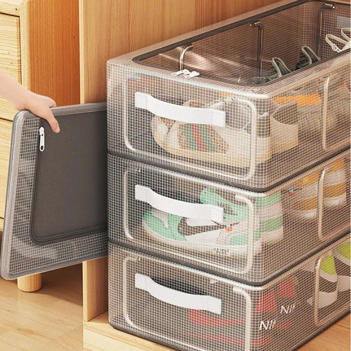 Stackable Clear Shoe Storage Box – Front-Opening PVC, Steel Frame & Waterproof Design