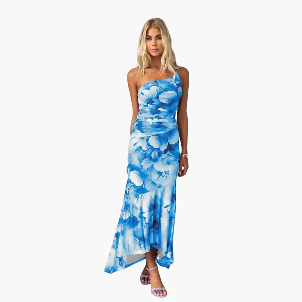 Women's Floral Maxi Dress – One-Shoulder, Asymmetrical Hem & Lightweight Fabric