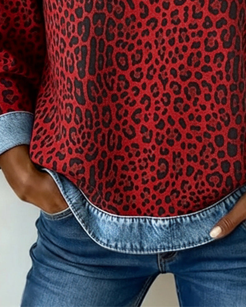 Optimized Product Title: "Leopard Print Denim Patchwork Pullover for Women - Stylish Casual Sweater" 

This title includes relevant keywords for better visibility while providing a clear description of the product.