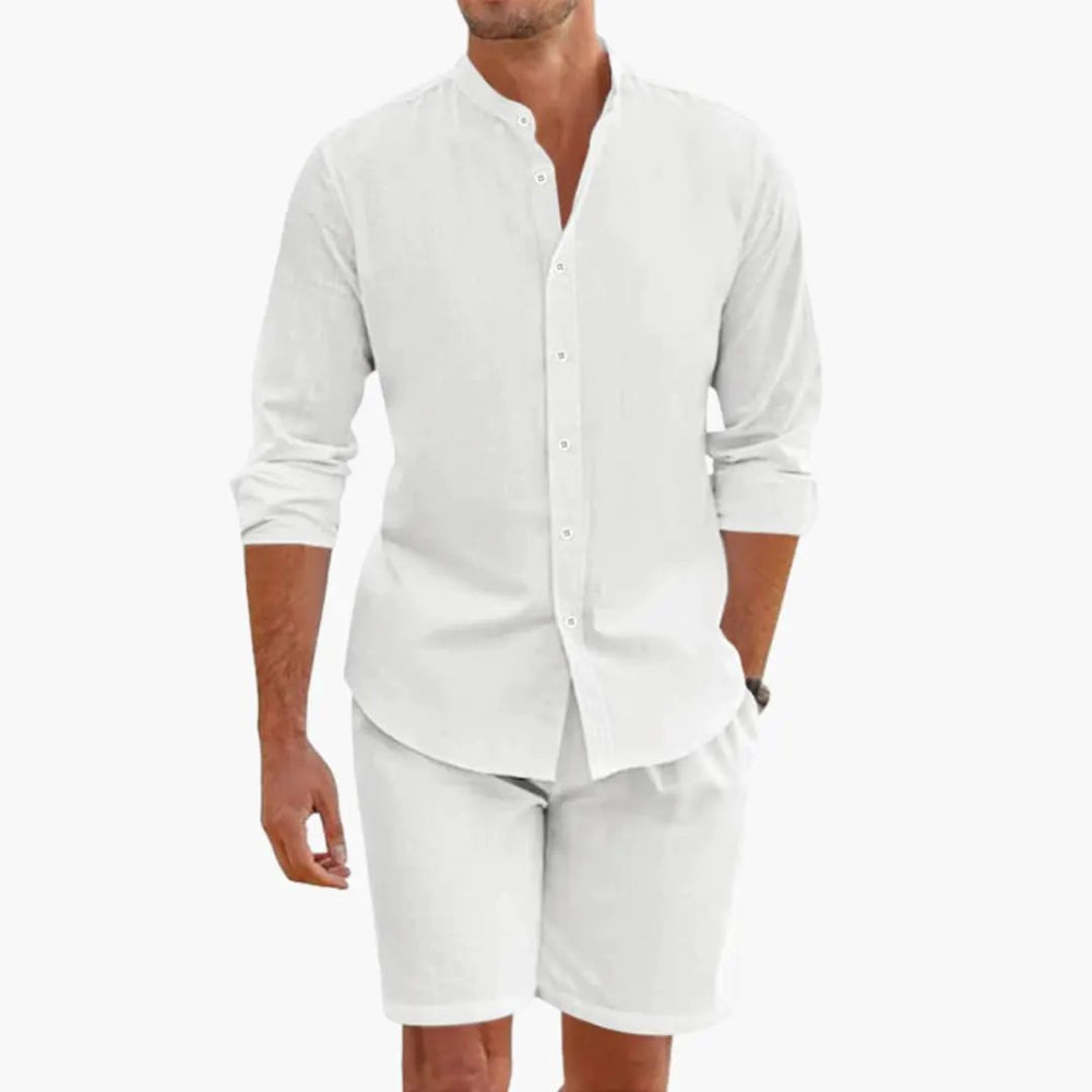 Men's Linen Blend Two-Piece Set – Long Sleeve Shirt & Shorts
