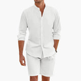 Men's Linen Blend Two-Piece Set – Long Sleeve Shirt & Shorts
