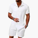 Men's Jacquard Shirt Set – Cotton Blend, Short Sleeve & Matching Shorts