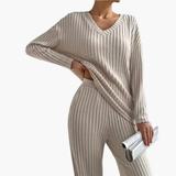 Women's Lounge Set – V-Neck, Ribbed Texture & Two-Piece