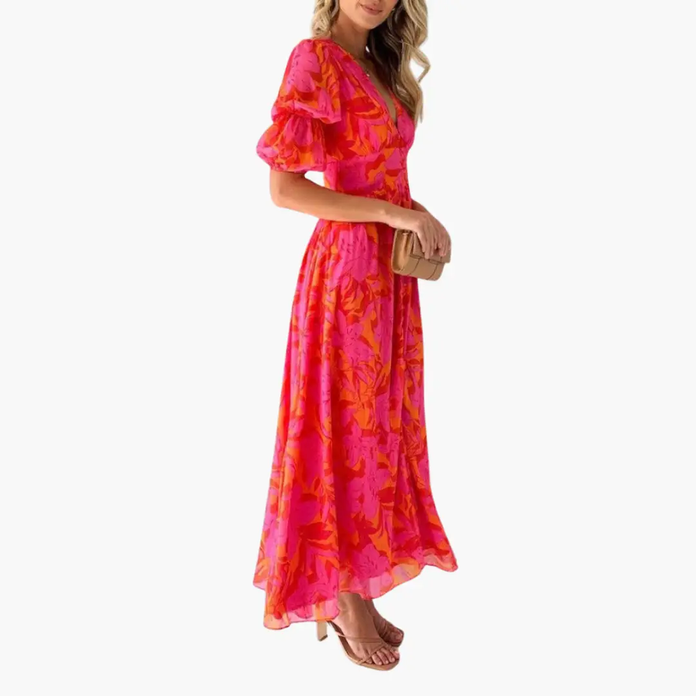 Women's Maxi Party Dress – V-Neck, Puff Sleeve & Flowing Fabric