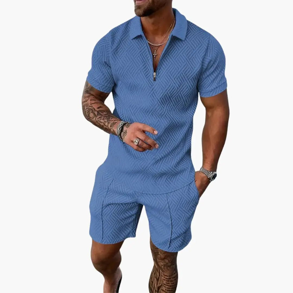 Men's Summer Shirt Set – Zip Front, Matching Shorts & Two-Piece