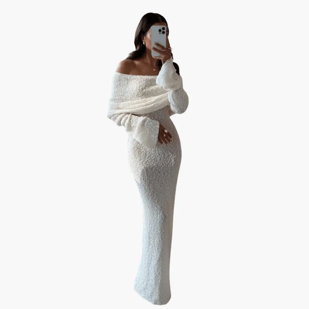 Women's Maxi Dress – Off-Shoulder Neckline, Knit Fabric & Elegant Occasion Wear