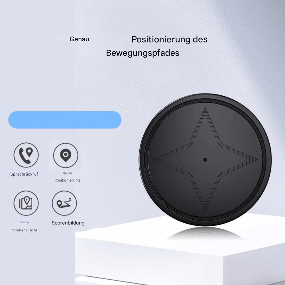 Black GPS tracker for pets, round, with voice control and movement tracking.