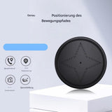 Black GPS tracker for pets, round, with voice control and movement tracking.