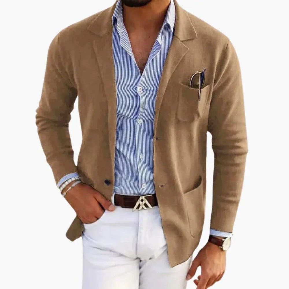 Men's Knit Blazer – Lapel Collar, Front Closure & Long Sleeve