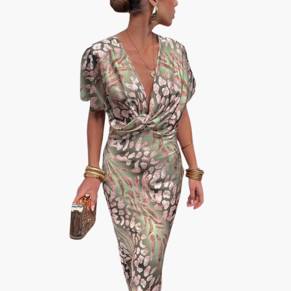 Women's Midi Dress – V-Neck & Knotted Front Detail