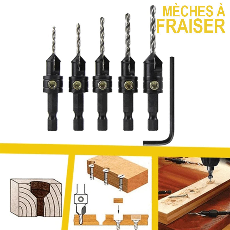 Wood Drill Bit Set – 5-Piece HSS Steel, Countersink Bits & Hex Key Included