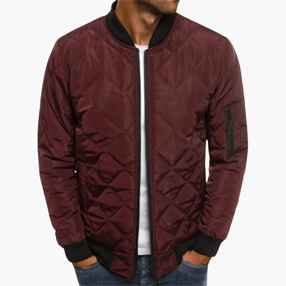 Men's Quilted Bomber Jacket – Zip Front, Arm Pocket & Ribbed Hem