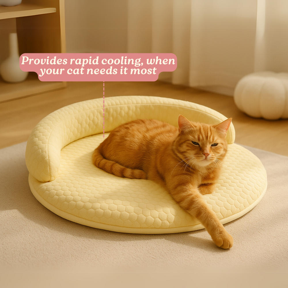 Orthopedic Cooling Cat Bed – Ice-Silk Surface, Foam Base & Raised Rim