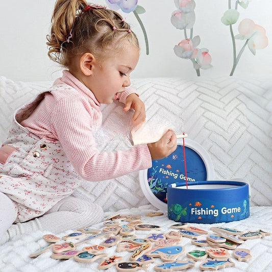 Wooden Magnetic Fishing Game – 35 Colorful Fish, Motor Skills, Blue Play Bowl