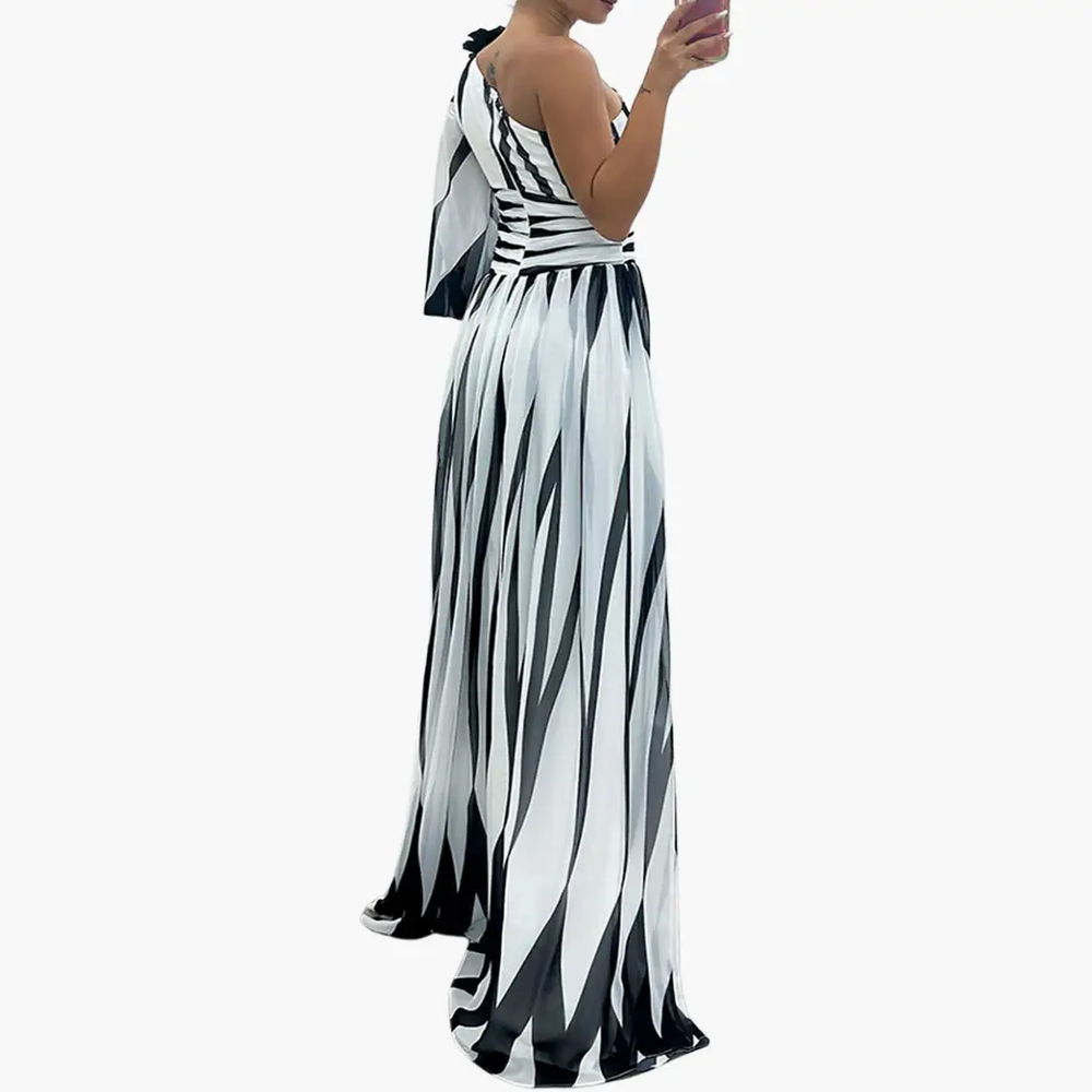 Women's Striped Maxi Dress – One-Shoulder Design, Side Slit & Elegant Fit
