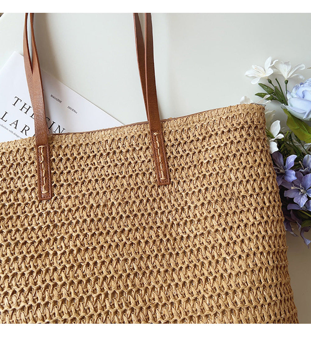 Woven Rattan Basket Bag – Leather Handles, 30×33cm & Women's Shopper Tote