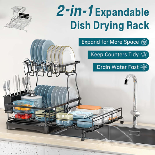 2-Tier Dish Drying Rack – Expandable, Drip Tray & Cutlery Holder